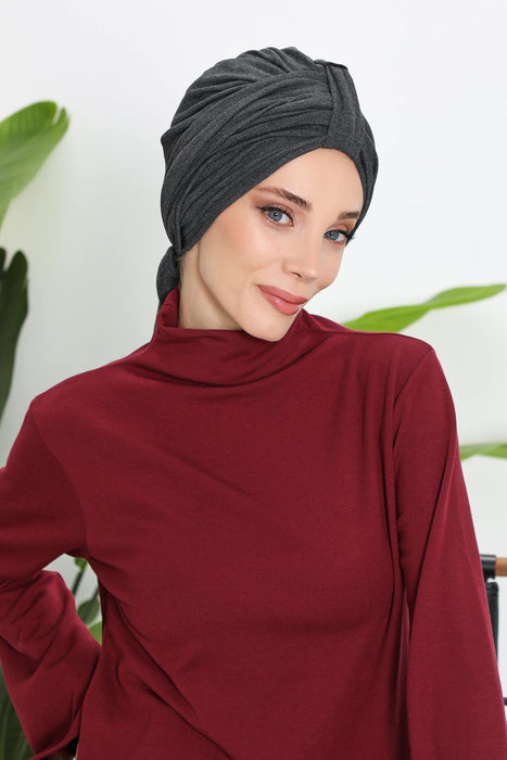 Winter Scarf Turban for Women, Stretch Ribbed Fabric Turban with Scarf, Elegant One-Size Winter Headwear,B-80RB