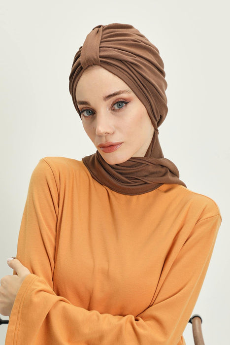 Winter Scarf Turban for Women, Stretch Ribbed Fabric Turban with Scarf, Elegant One-Size Winter Headwear,B-80RB