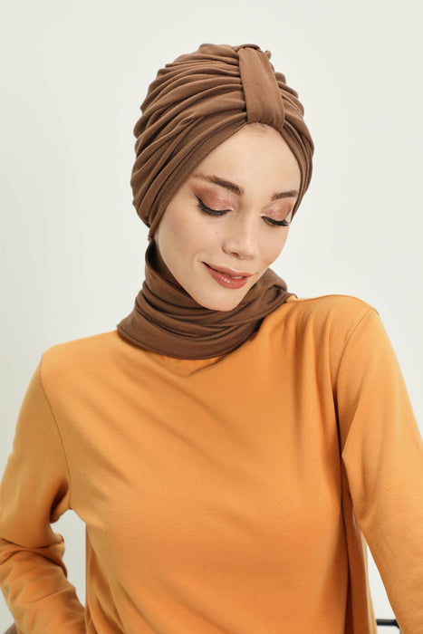 Winter Scarf Turban for Women, Stretch Ribbed Fabric Turban with Scarf, Elegant One-Size Winter Headwear,B-80RB