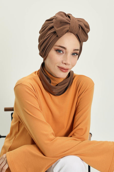 Winter Scarf Turban for Women, Stretch Ribbed Fabric Turban with Scarf, Elegant One-Size Winter Headwear,B-80RB