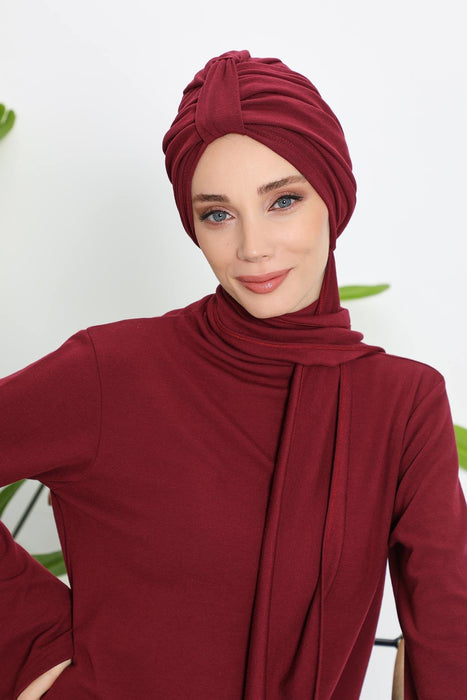 Winter Scarf Turban for Women, Stretch Ribbed Fabric Turban with Scarf, Elegant One-Size Winter Headwear,B-80RB