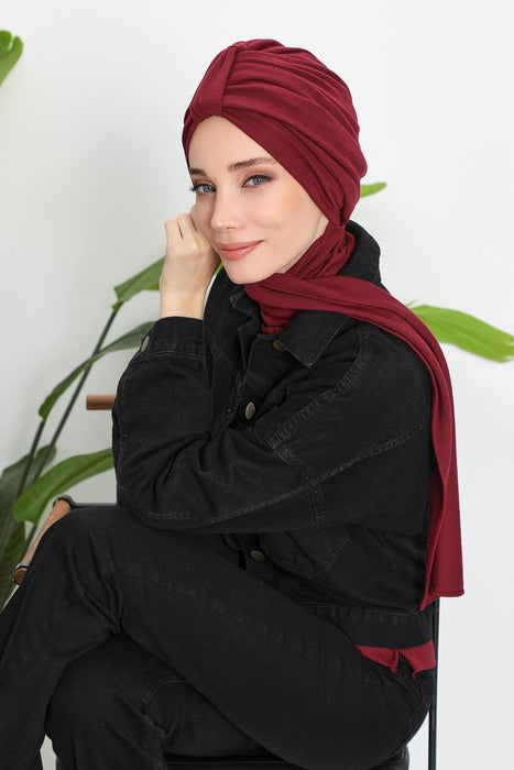 Winter Scarf Turban for Women, Stretch Ribbed Fabric Turban with Scarf, Elegant One-Size Winter Headwear,B-80RB