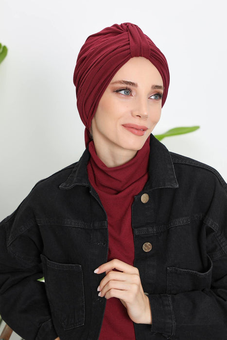 Winter Scarf Turban for Women, Stretch Ribbed Fabric Turban with Scarf, Elegant One-Size Winter Headwear,B-80RB