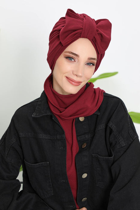 Winter Scarf Turban for Women, Stretch Ribbed Fabric Turban with Scarf, Elegant One-Size Winter Headwear,B-80RB