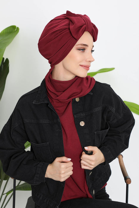 Winter Scarf Turban for Women, Stretch Ribbed Fabric Turban with Scarf, Elegant One-Size Winter Headwear,B-80RB