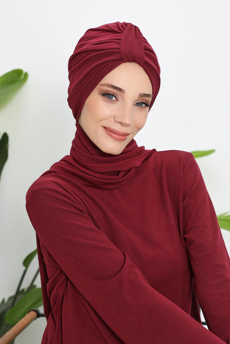 Winter Scarf Turban for Women, Stretch Ribbed Fabric Turban with Scarf, Elegant One-Size Winter Headwear,B-80RB