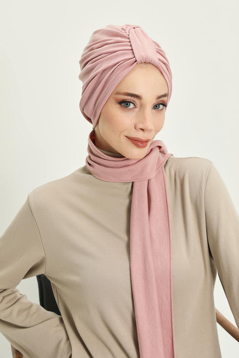 Winter Scarf Turban for Women, Stretch Ribbed Fabric Turban with Scarf, Elegant One-Size Winter Headwear,B-80RB