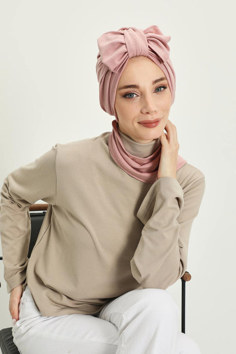 Winter Scarf Turban for Women, Stretch Ribbed Fabric Turban with Scarf, Elegant One-Size Winter Headwear,B-80RB