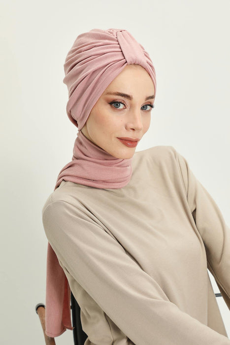 Winter Scarf Turban for Women, Stretch Ribbed Fabric Turban with Scarf, Elegant One-Size Winter Headwear,B-80RB