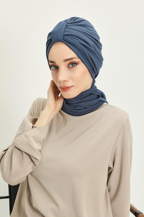 Winter Scarf Turban for Women, Stretch Ribbed Fabric Turban with Scarf, Elegant One-Size Winter Headwear,B-80RB