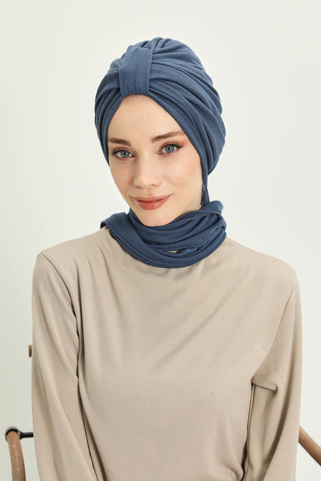 Winter Scarf Turban for Women, Stretch Ribbed Fabric Turban with Scarf, Elegant One-Size Winter Headwear,B-80RB