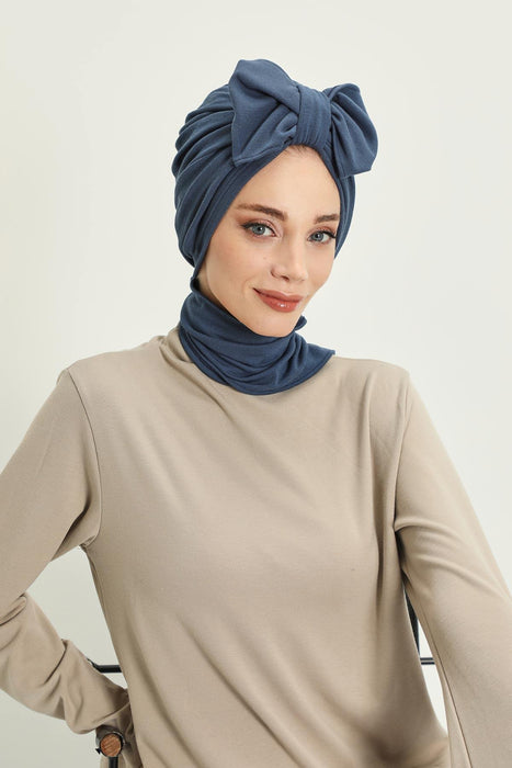 Winter Scarf Turban for Women, Stretch Ribbed Fabric Turban with Scarf, Elegant One-Size Winter Headwear,B-80RB