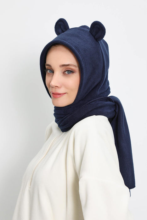 Windproof Fleece Hooded Hat with Ears, Women's Polar Fleece Hood with Scarf, Cozy Fleece Hooded Scarf for Women,B-83PL