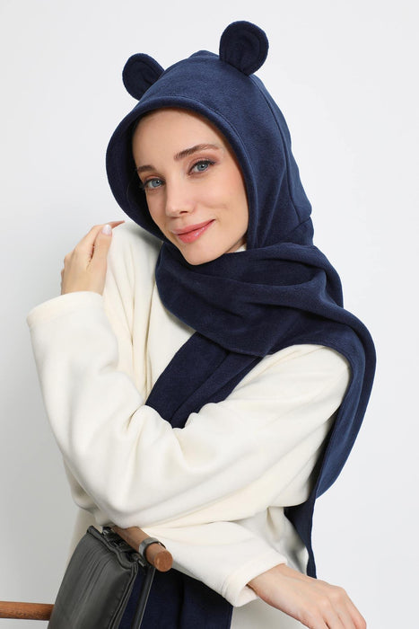 Windproof Fleece Hooded Hat with Ears, Women's Polar Fleece Hood with Scarf, Cozy Fleece Hooded Scarf for Women,B-83PL