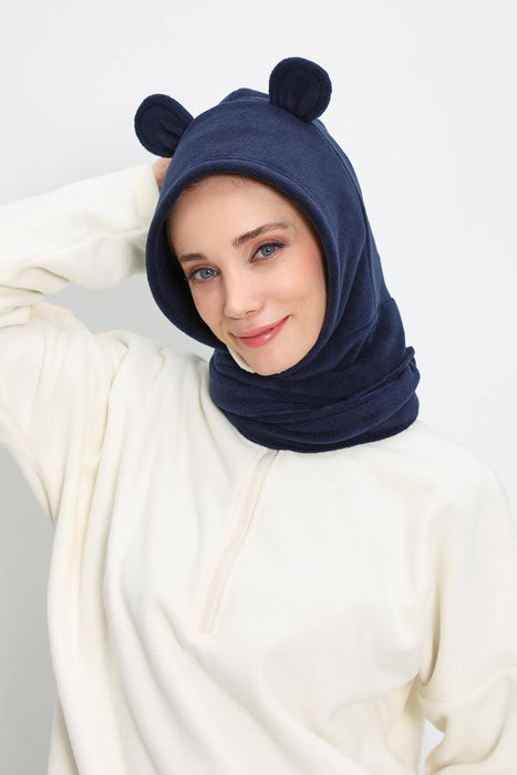 Windproof Fleece Hooded Hat with Ears, Women's Polar Fleece Hood with Scarf, Cozy Fleece Hooded Scarf for Women,B-83PL