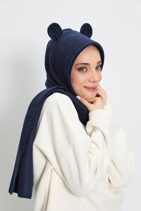 Windproof Fleece Hooded Hat with Ears, Women's Polar Fleece Hood with Scarf, Cozy Fleece Hooded Scarf for Women,B-83PL