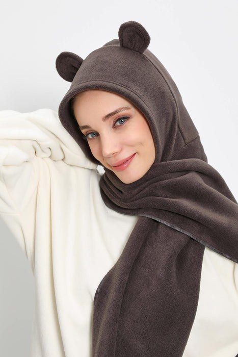 Windproof Fleece Hooded Hat with Ears, Women's Polar Fleece Hood with Scarf, Cozy Fleece Hooded Scarf for Women,B-83PL