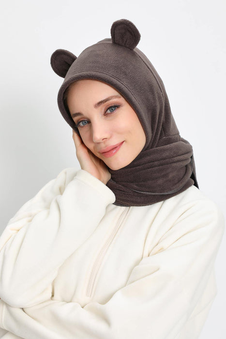 Windproof Fleece Hooded Hat with Ears, Women's Polar Fleece Hood with Scarf, Cozy Fleece Hooded Scarf for Women,B-83PL