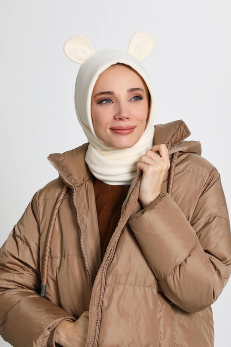 Windproof Fleece Hooded Hat with Ears, Women's Polar Fleece Hood with Scarf, Cozy Fleece Hooded Scarf for Women,B-83PL