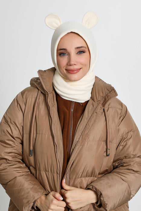 Windproof Fleece Hooded Hat with Ears, Women's Polar Fleece Hood with Scarf, Cozy Fleece Hooded Scarf for Women,B-83PL