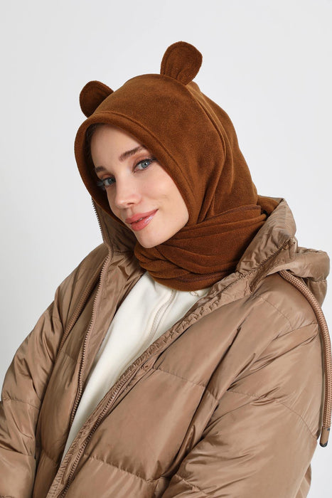 Windproof Fleece Hooded Hat with Ears, Women's Polar Fleece Hood with Scarf, Cozy Fleece Hooded Scarf for Women,B-83PL