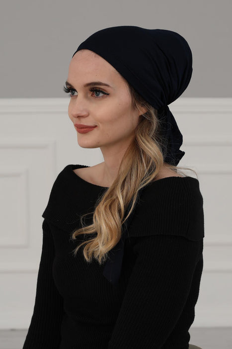 Adjustable Cotton Bandana for Women, Flexible Bandana Headwear, High Quality Full Head Covering Headscarf, Plain Colour Muslim Hijab,B-47 Navy Blue