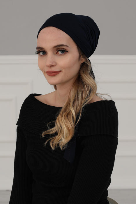 Adjustable Cotton Bandana for Women, Flexible Bandana Headwear, High Quality Full Head Covering Headscarf, Plain Colour Muslim Hijab,B-47 Navy Blue
