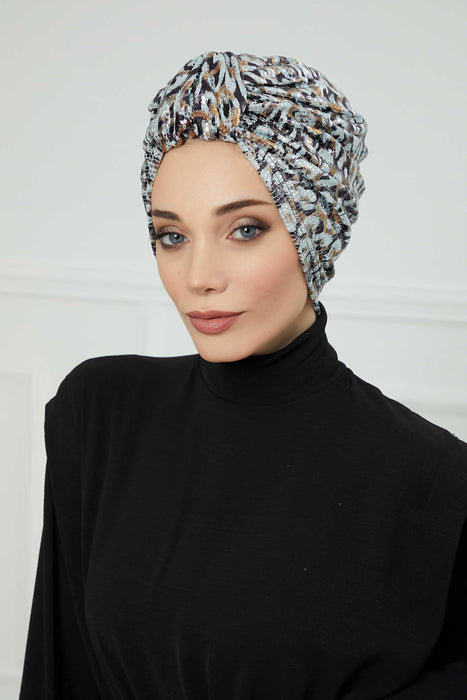 Fancy Instant Turban Head Wrap, Fashionable Sequined Silvery Grey-Brown Pre-Tied Turban Head Cover for Women, Chic Chemo Bonnet Cap,B-68B Silvery Grey-Brown