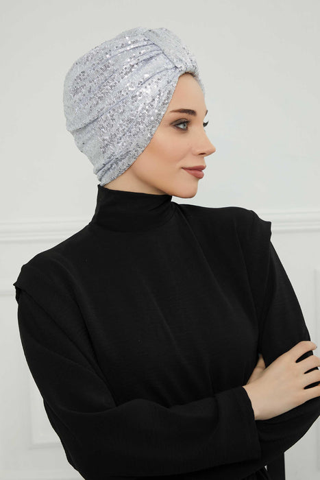 Belted Elegance Instant Turban for Women, Sparkling Handmade Pre-Tied Turban Head Cover, Shiny Fashion Hat, Sequined Chemo Bonnet Cap,B-68P Silver