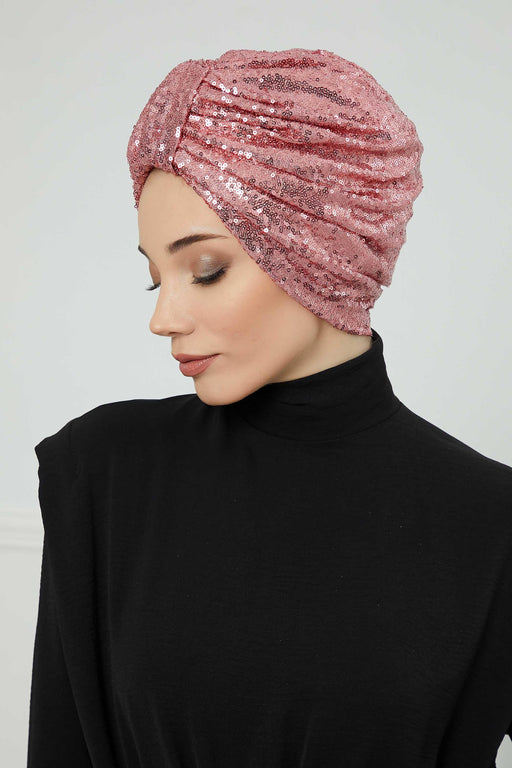 Belted Elegance Instant Turban for Women, Sparkling Handmade Pre-Tied Turban Head Cover, Shiny Fashion Hat, Sequined Chemo Bonnet Cap,B-68P Powder