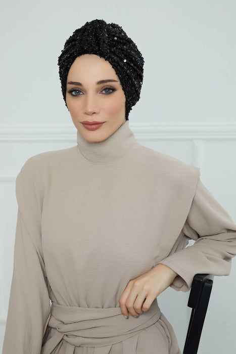 Sequined Instant Turban Head Wrap for Women, Fashionable and Chic Hijab Scarf Ready to Wear, Pre-Tied High Durability Chemo Headwear,B-68SK Black