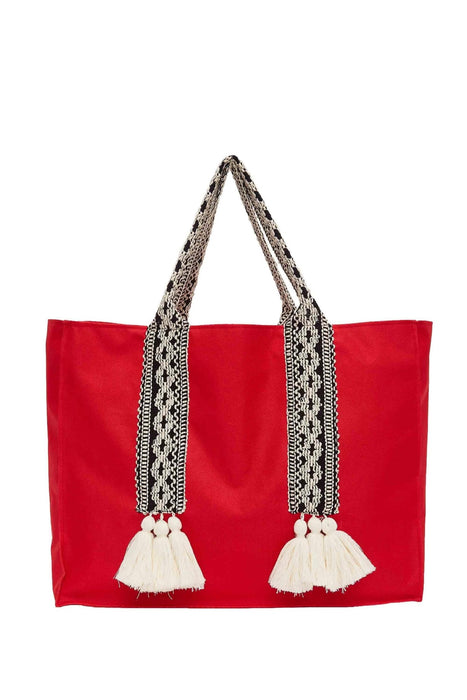 Polyamide Canvas Hand Shoulder Tote Bag with Tassels Casual Daily Bag Large Capacity Shopping Bag,C-15 Red