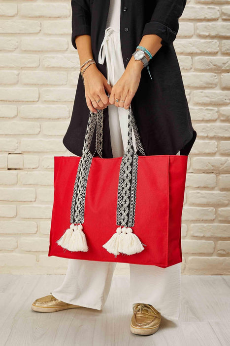 Polyamide Canvas Hand Shoulder Tote Bag with Tassels Casual Daily Bag Large Capacity Shopping Bag,C-15 Red