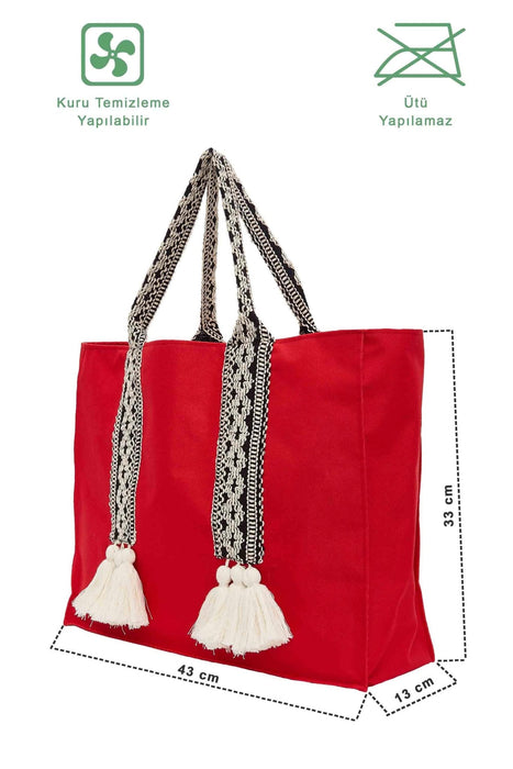 Polyamide Canvas Hand Shoulder Tote Bag with Tassels Casual Daily Bag Large Capacity Shopping Bag,C-15 Red