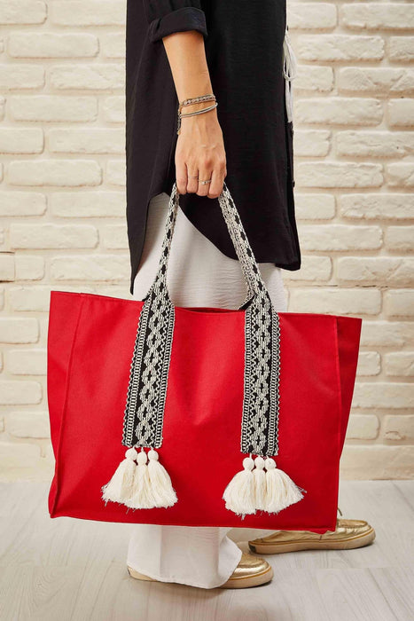 Polyamide Canvas Hand Shoulder Tote Bag with Tassels Casual Daily Bag Large Capacity Shopping Bag,C-15 Red