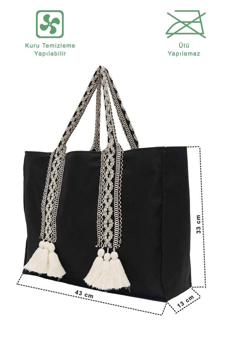 Polyamide Canvas Hand Shoulder Tote Bag with Tassels Casual Daily Bag Large Capacity Shopping Bag,C-15 Black