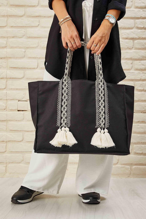 Polyamide Canvas Hand Shoulder Tote Bag with Tassels Casual Daily Bag Large Capacity Shopping Bag,C-15 Black