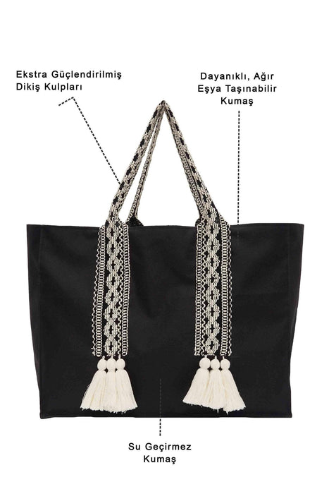 Polyamide Canvas Hand Shoulder Tote Bag with Tassels Casual Daily Bag Large Capacity Shopping Bag,C-15 Black