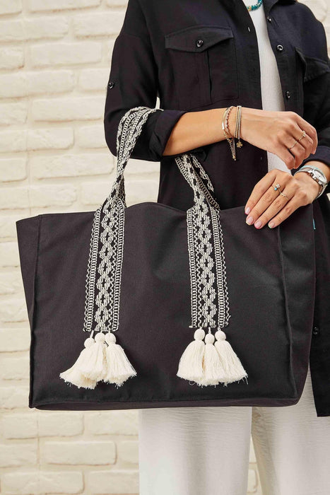 Polyamide Canvas Hand Shoulder Tote Bag with Tassels Casual Daily Bag Large Capacity Shopping Bag,C-15 Black