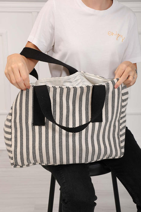 Striped Hand ShoulderTote Bag Casual Large Capacity Cotton Daily Travel Shopping Bag,C-18