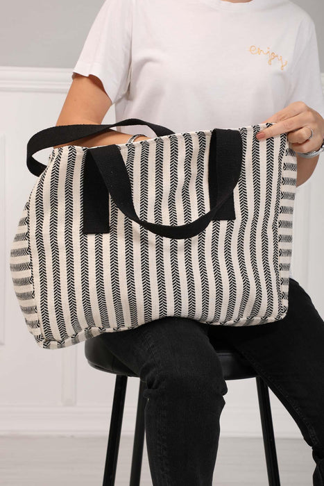 Striped Hand ShoulderTote Bag Casual Large Capacity Cotton Daily Travel Shopping Bag,C-18