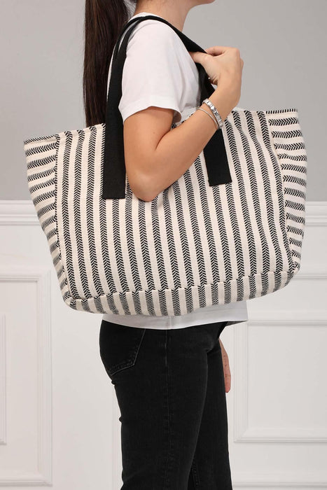 Striped Hand ShoulderTote Bag Casual Large Capacity Cotton Daily Travel Shopping Bag,C-18