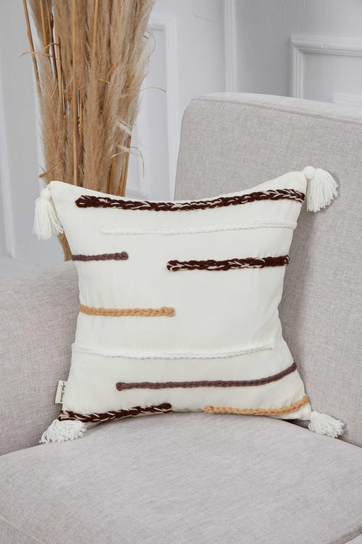 Chic Knit Pillow Cover with Colorful Strips and Tassels on Each Edges, 18x18 Decorative Cushion Cover for Cozy Home Decorations,K-153 Ecru