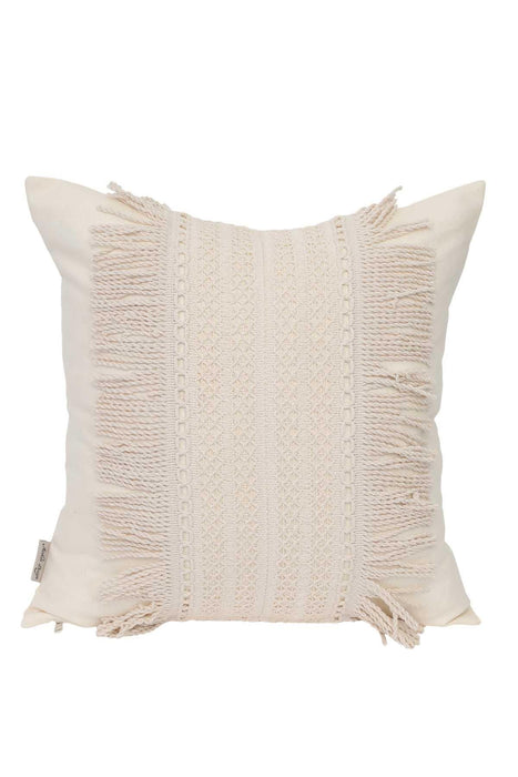 Boho Fringed Canvas Throw Pillow Cover, Fashionable 18x18 Inches Cushion Cover for Elegant Home Decoration, Pillow Housewarming Gift,K-167 Ivory