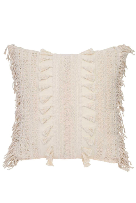 Boho Fringed Throw Pillow Cover with Tassels in the Middle Line, 18x18 Inches Ruffled and Tufted Square Pillow Cover for Living Room,K-168 Ivory