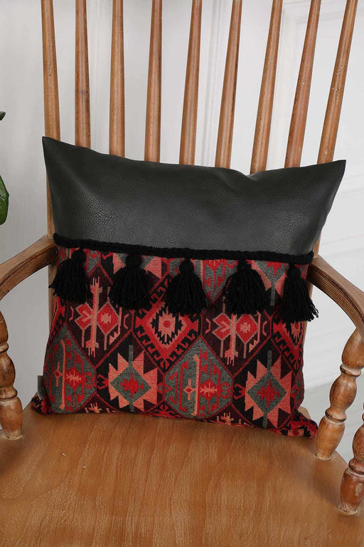 Leather Decorative Pillow Cover with Beautiful Hanging Tassels, 18x18 Inches Traditional Anatolian Pattern Handicraft Cushion Cover,K-194 Pattern 1 - Petrol Green