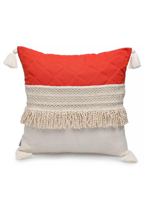 Stylish Throw Pillow Cover with Handmade Tassels, 18x18 Inches Quilted Pillow Cover made from Knit Fabric, Fashionable Cushion Cover,K-199 Orange - Ivory