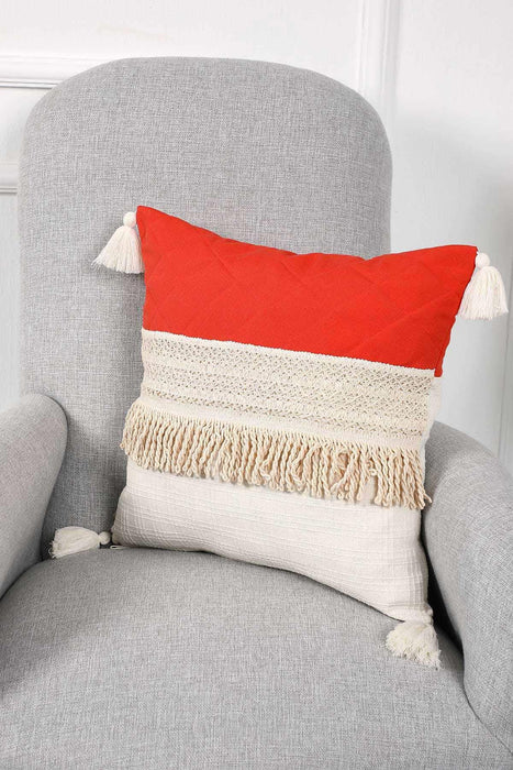 Stylish Throw Pillow Cover with Handmade Tassels, 18x18 Inches Quilted Pillow Cover made from Knit Fabric, Fashionable Cushion Cover,K-199 Orange - Ivory