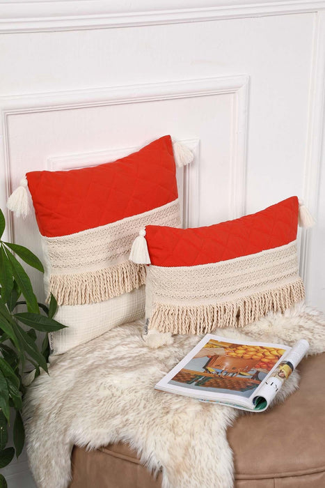 Stylish Throw Pillow Cover with Handmade Tassels, 18x18 Inches Quilted Pillow Cover made from Knit Fabric, Fashionable Cushion Cover,K-199 Orange - Ivory