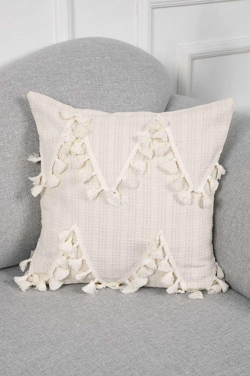 Linen Throw Pillow Cover with Plenty of Handmade Tassels, Nicely-Designed Decorative 18x18 Inches Pillow Cover for Modern Homes,K-200 Ivory